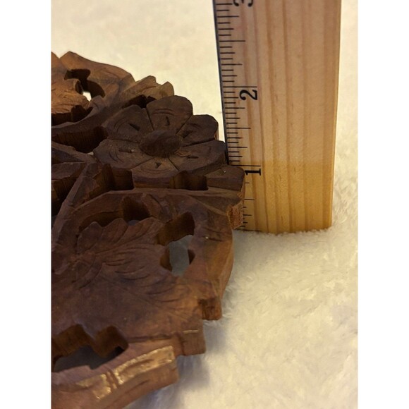 Vintage Sheesham Wood Hand Carved Footed Trivet Floral and Leaf Design - Picture 3 of 4